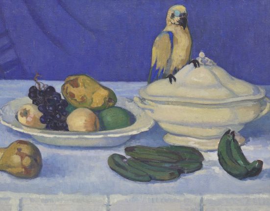 Stilleben mit Obst und Papagei von Koller-Pinel in der Ausstellung Kunstschätze vom Barock bis zur Gegenwart