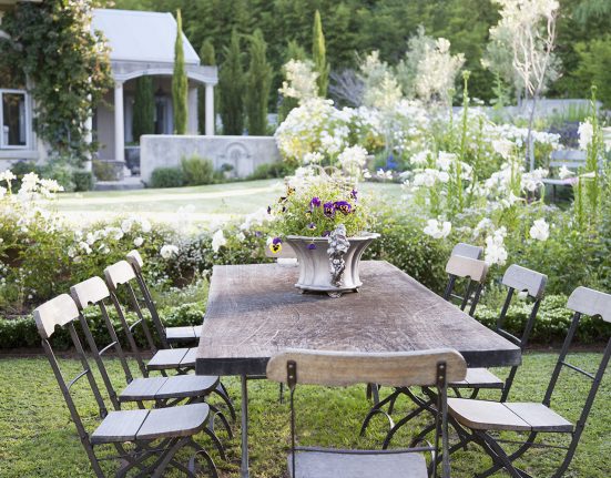 Blumentopf auf Tisch im Garten