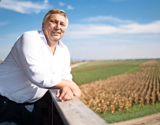 Bürgermeister Manfred Bugnyar in einem hellen Hemd lehnend über ein Geländer. Im Hintergrund sieht man verschwommen Maisfelder und den weiten Himmel.