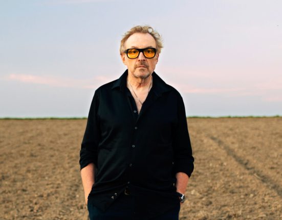 Kabarettist Josef Hader in schwarz gekleidet und mit Sonnenbrille steht in einem Feld.