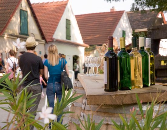 Blick auf Besucher des Kellergassenfest Fakenstein und Weinflaschen mit Weingläsern