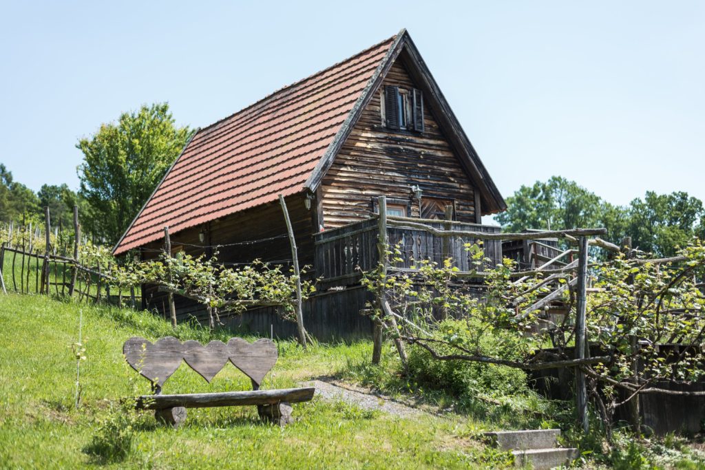 Holzhaus eingebettet in eine grüne Landschaft mit Weinreben und einer Holzbank mit Herzen im Vordergrund.