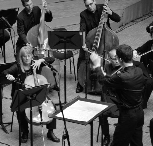 Die Geigerinnen und Geiger eines kleinen Orchesters mit einem jungen Dirigenten im Vordergrund. © Sonja Stangl
