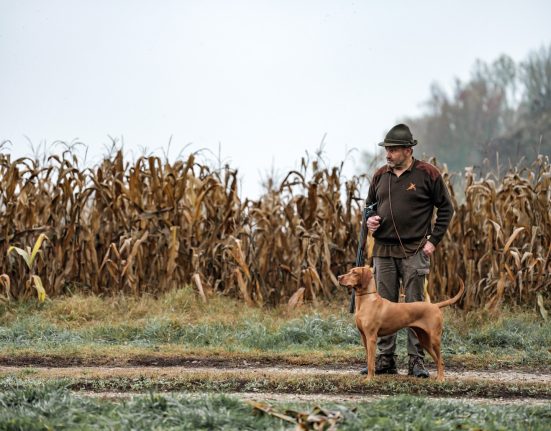 Georg Wurm und sein Hund stehen auf einem Feld