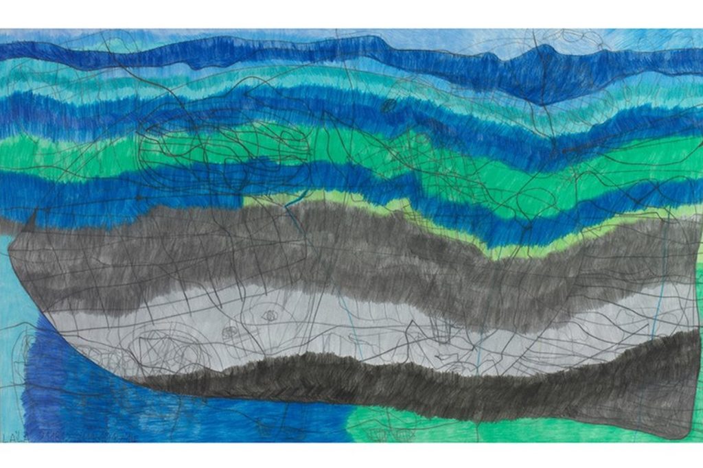 Abstraktion: Eine wellenförmige Landschaft und ein Gewässer in Blau und Grün, darauf ein grauer Delfin © galerie gugging