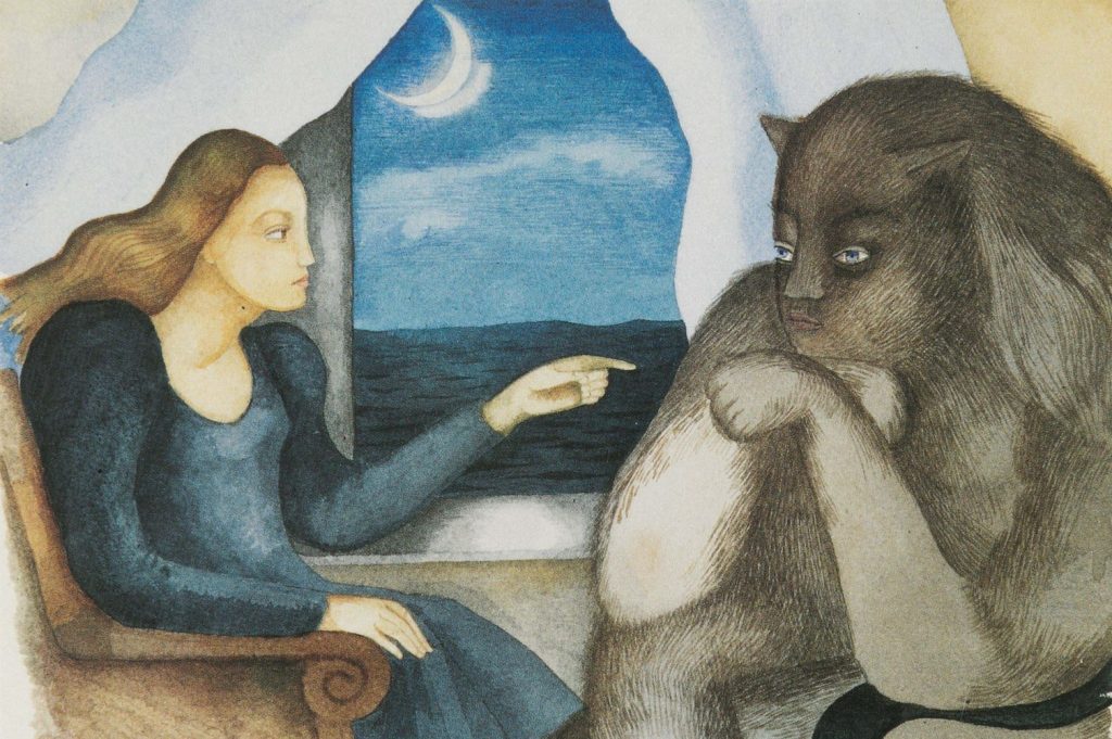 Eine Frau sitzt an einem Fenster, ihr gegenüber sitzt ein ruhig zuhörendes Monster. © Estate Gertie Fröhlich