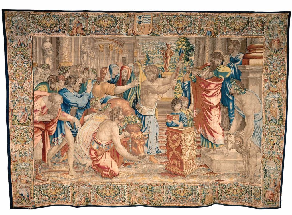 Das Opfer in Lystra, Design: Raffael (1483–1520), Aus einer neunteiligen Tapisserieserie mit Szenen aus der Apostelgeschichte, um 1600; Brüssel, Manufaktur des Jakob I. Geubels (gestorben vor 1605), Wolle, Seide © KHM-Museumsverband