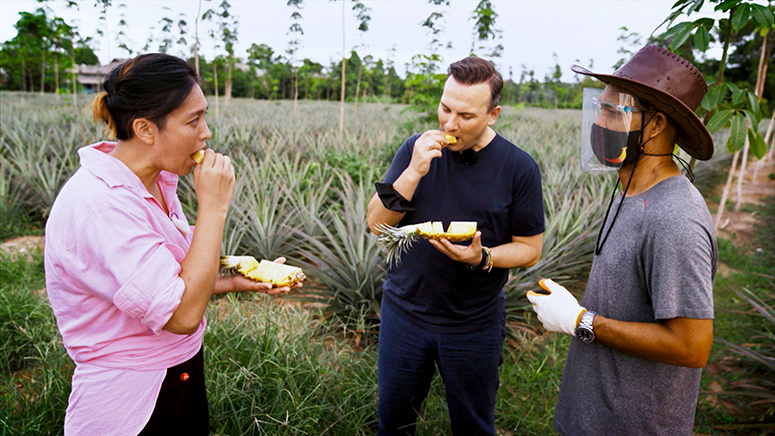 Tim Raue isst sonnengereifte Ananas mit Locals aus Phuket auf einer Ananasfarm
