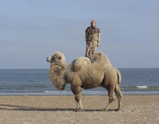 Frau steht am Strand auf einem Kamel, im Hintergrund das Meer