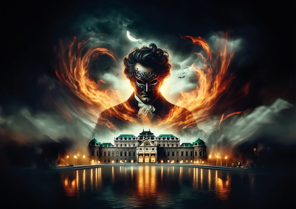 Ein künstliche generiertes Bild, wo ein Mann mit Maske über dem Wiener Belvedere erscheint.