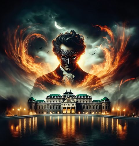 Ein künstliche generiertes Bild, wo ein Mann mit Maske über dem Wiener Belvedere erscheint.