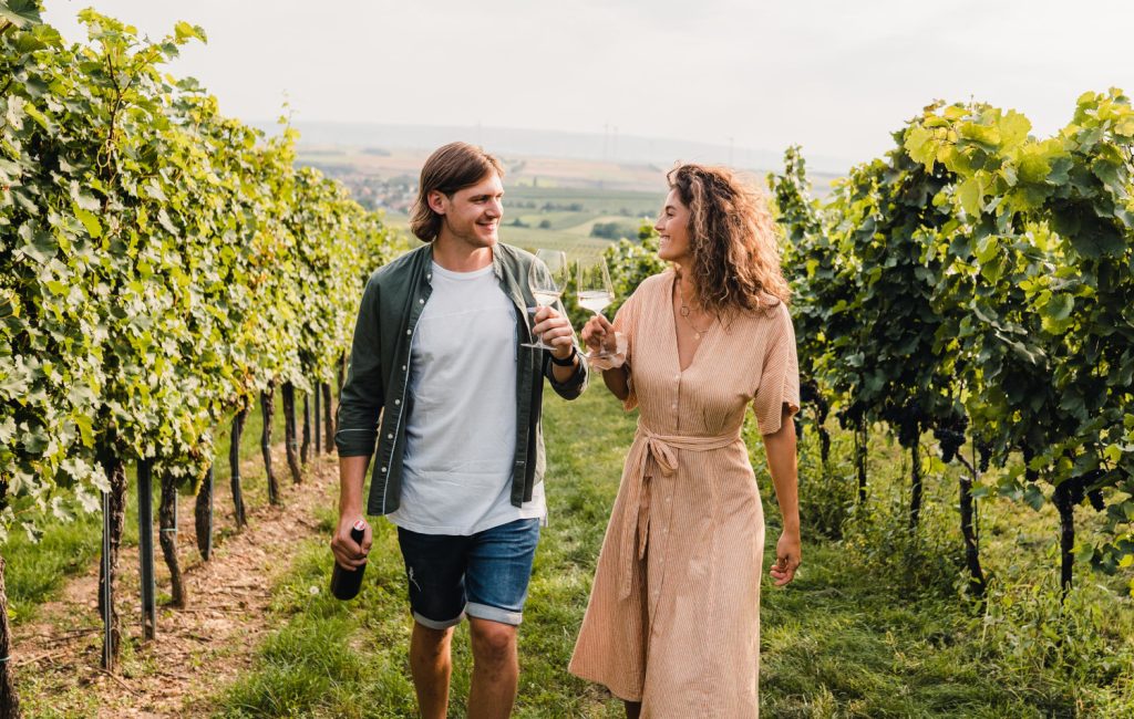 Mann und Frau spazieren durch Weingarten mit Weinglas