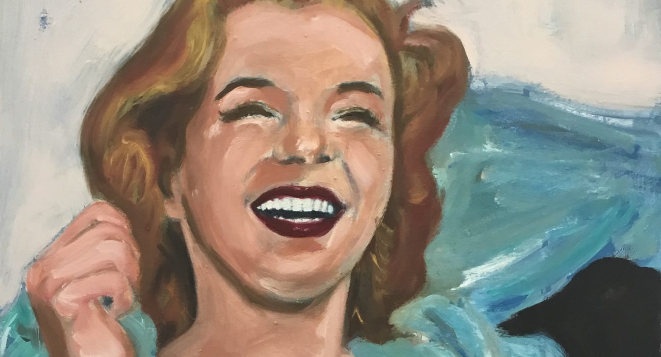 Freude von Grosser Judith, Bild einer Frau, die lacht, in Blautönen