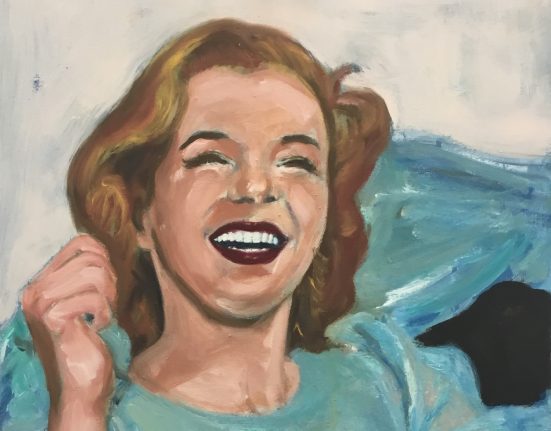Freude von Grosser Judith, Bild einer Frau, die lacht, in Blautönen