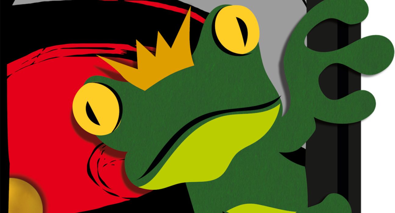 Sujet Froschkönig Rabenhof: Digitale 2D Zeichnung eines Frosches mit Krone vor rot-schwarz-grauem Hintergrund