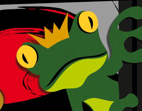 Sujet Froschkönig Rabenhof: Digitale 2D Zeichnung eines Frosches mit Krone vor rot-schwarz-grauem Hintergrund