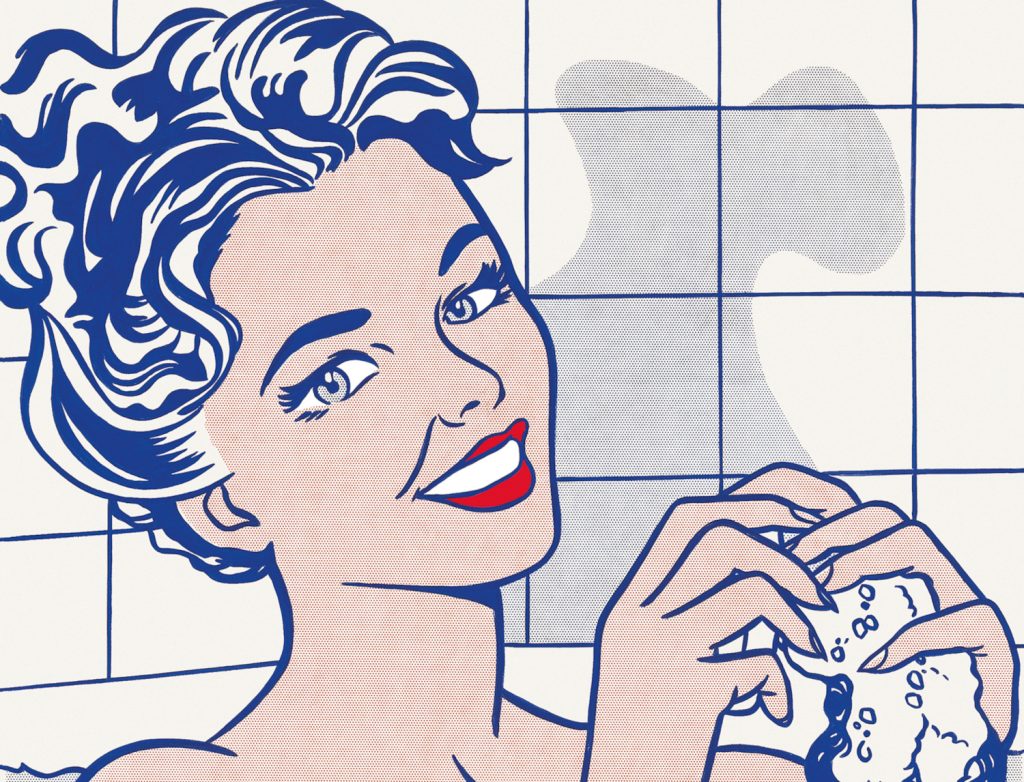 Bild einer Frau, die in der Badewanne sitzt im Comic-Stil. In den Händen Schaum.