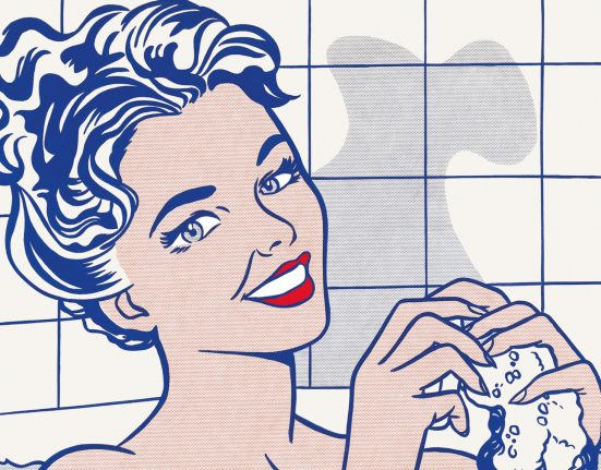 Bild einer Frau, die in der Badewanne sitzt im Comic-Stil. In den Händen Schaum.